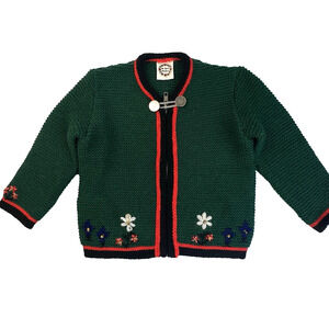 Vintage Isar Trachten Sweater Cardigan Girl's 2T Green Embroidered German Wool